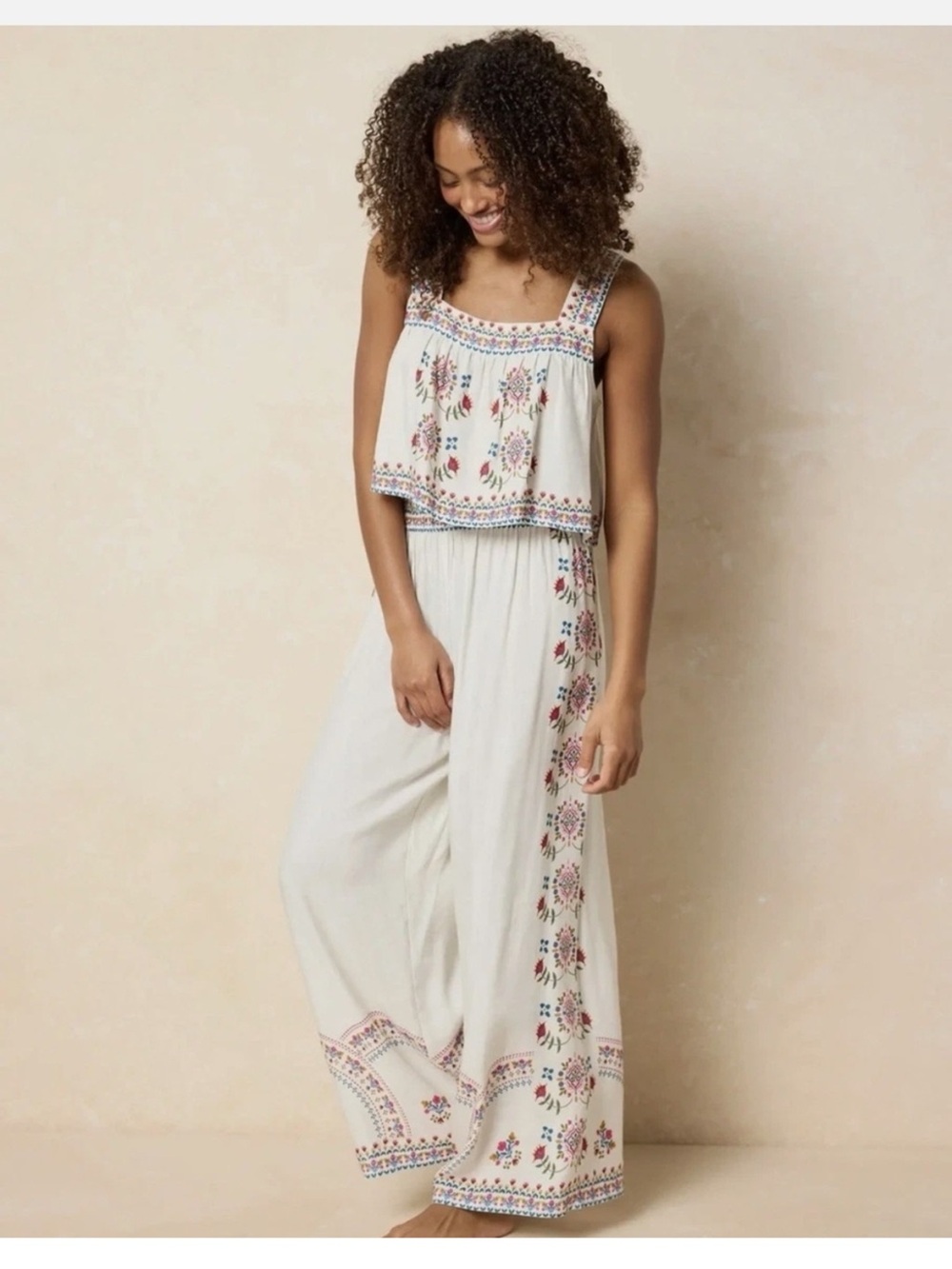 Boho Embroidered Ivory Wide-Leg Pants